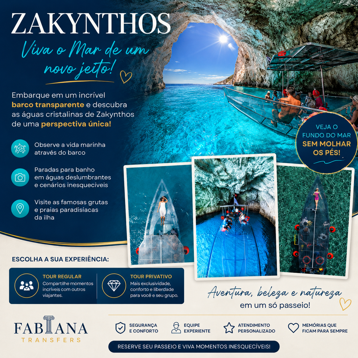 Passeio de barco transparente pelas águas de Zakynthos